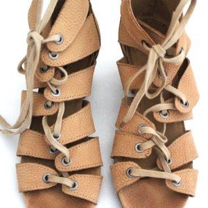 Lucky Brand Leather Lace Up Open Toe Gladiator Heels Nude Women's Sz 6.5